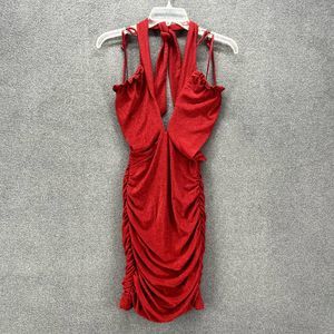 Saints + Secrets Dress Womens XS Red Ruched Halter Mini‎ Bodycon Spaghetti Strap